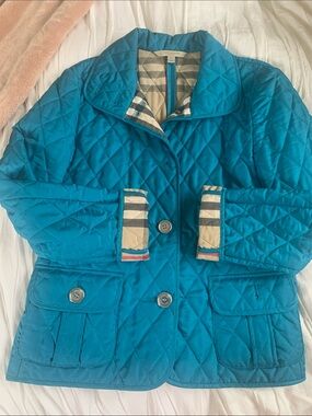 Burberry Teal Quilted Puffer Jacket with Signature Check Cuffs